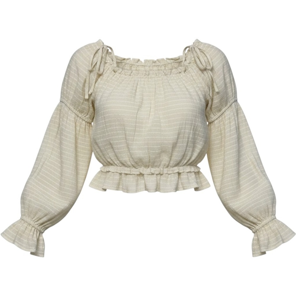 HYFVE Beige Striped Square Neck Ruffle Cropped Balloon Sleeve Blouse‎ L